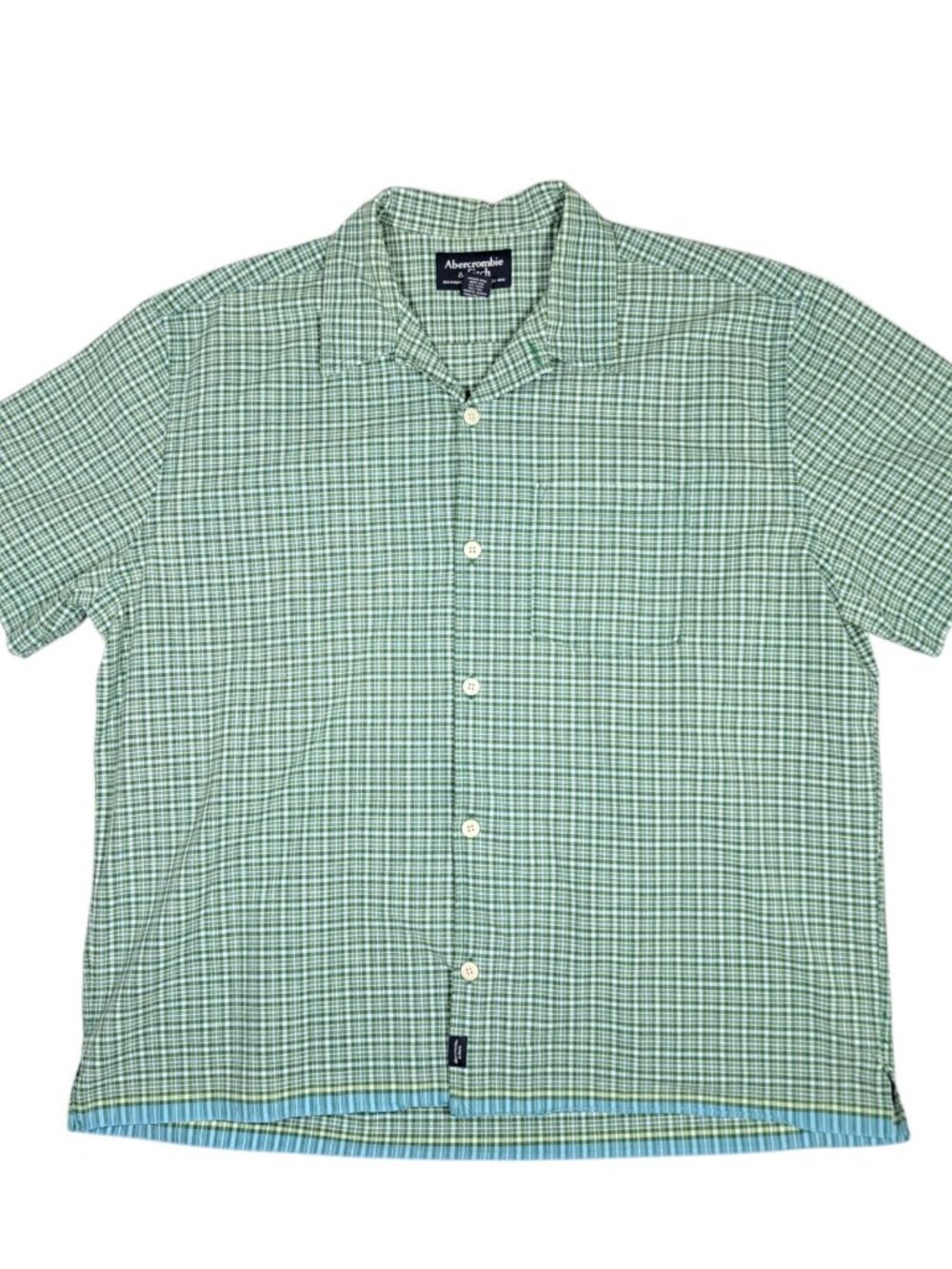 Abercrombie & Fitch Mens Plaid Button Up Down Shirt Green Short Sleeve Cotton XL
